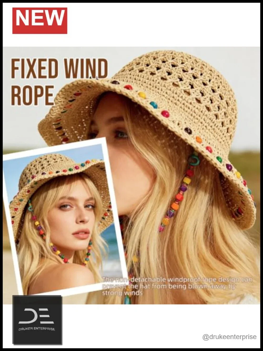 Wide Brim Straw Sun Hat with Rainbow Beaded Strap Packable for Travel